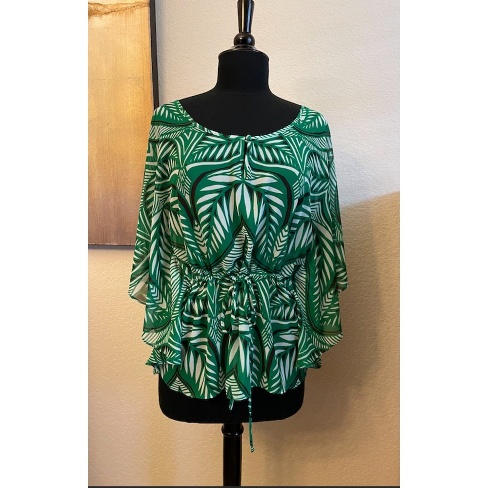 INC International Concepts Green Leaves/ Tropical print semi sheer top